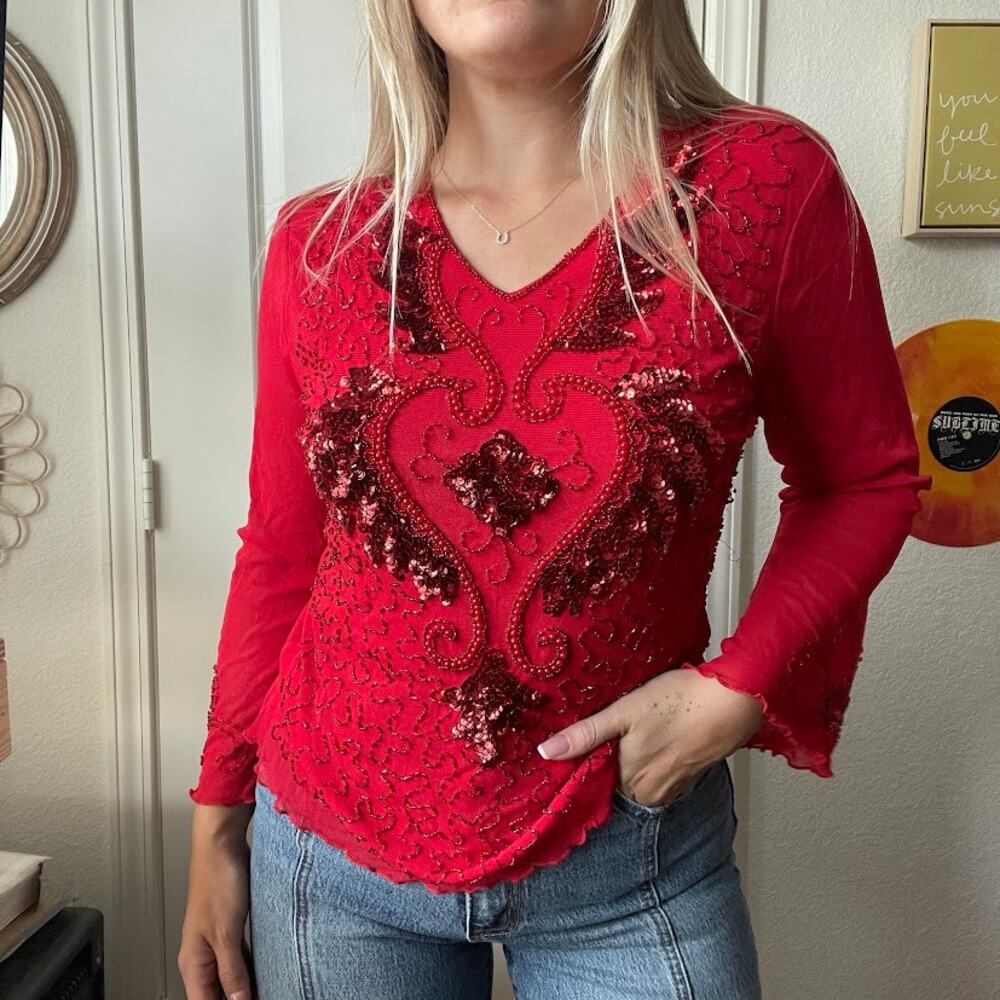 Vintage 90s Y2K NWT G10 Mesh Sheer Heavy Beaded Red Lettuce Trim Blouse Sz S